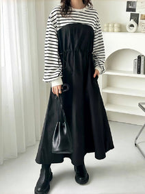 異素材切替 ワンピース レディース 長袖 ボーダー柄 ウエスト絞り ロング丈 ゆったり 体型カバー カジュアル おしゃれ 大人可愛い モードスタイル 秋冬新作 ID1832