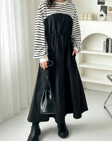 異素材切替 ワンピース レディース 長袖 ボーダー柄 ウエスト絞り ロング丈 ゆったり 体型カバー カジュアル おしゃれ 大人可愛い モードスタイル 秋冬新作 ID1832