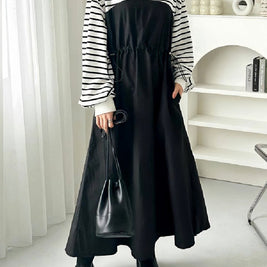 異素材切替 ワンピース レディース 長袖 ボーダー柄 ウエスト絞り ロング丈 ゆったり 体型カバー カジュアル おしゃれ 大人可愛い モードスタイル 秋冬新作 ID1832