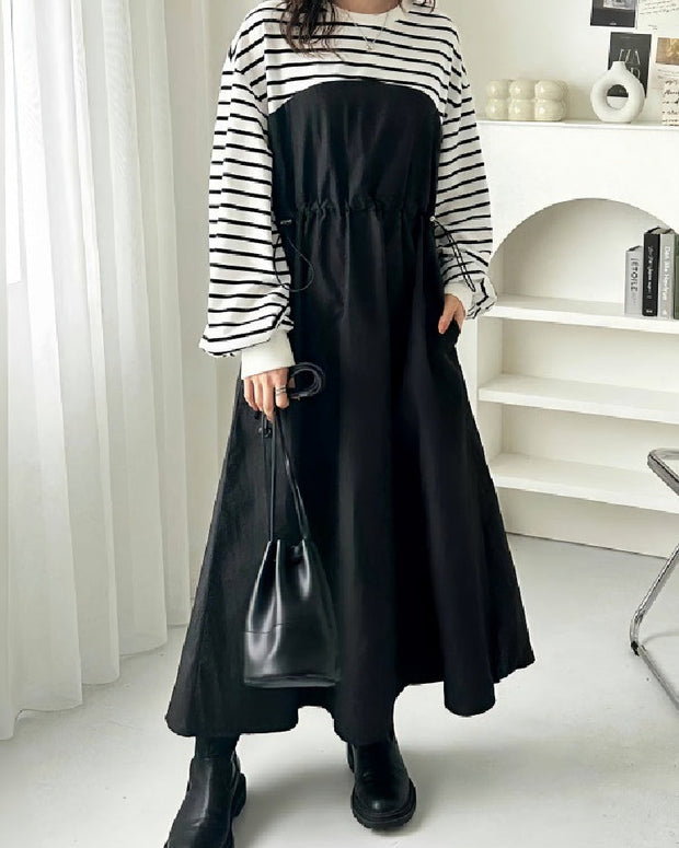 異素材切替 ワンピース レディース 長袖 ボーダー柄 ウエスト絞り ロング丈 ゆったり 体型カバー カジュアル おしゃれ 大人可愛い モードスタイル 秋冬新作 ID1832