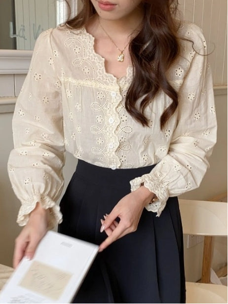 韓国風 フリル袖 レース ブラウス レディース 薄手 長袖 シャツ 可愛い ワンピース型 ゆったり シンプル オフィス カジュアル 体型カバー おしゃれ 通勤 上品 きれいめ ガーリー 春秋 新作 トップス デイリーコーデ 人気 ID1352