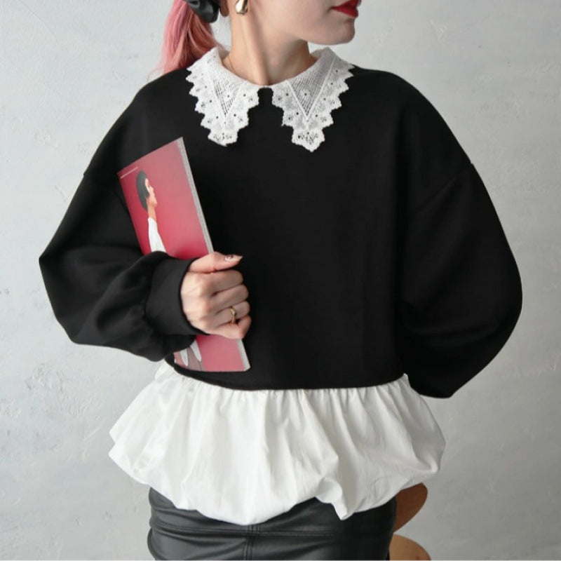 レース襟 ペプラム トップス レディース 長袖 スウェット風 デザインブラウス 体型カバー フェミニン 可愛い ラウンドネック ゆったり シルエット 秋冬 新作 ID2014
