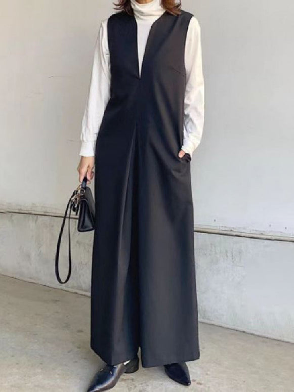 Vネック サロペット レディース オールインワン ワイドパンツ ゆったり 体型カバー シンプル 通勤 通学 カジュアル きれいめ 大人可愛い 春秋新作 ID1836