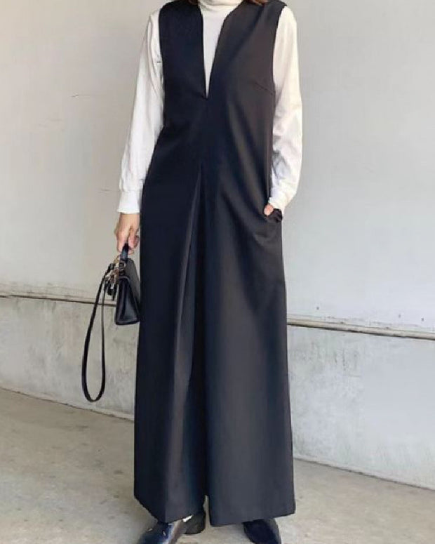 Vネック サロペット レディース オールインワン ワイドパンツ ゆったり 体型カバー シンプル 通勤 通学 カジュアル きれいめ 大人可愛い 春秋新作 ID1836
