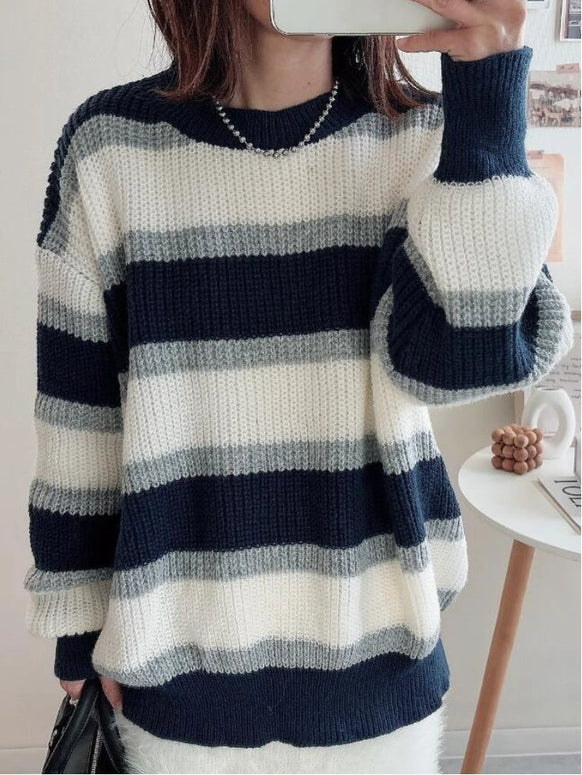 ボーダー柄 ニットセーター レディース 長袖 ゆったり シンプル ラウンドネック 体型カバー おしゃれ カジュアル 大人可愛い 秋冬 トップス ニットプルオーバー ID1764
