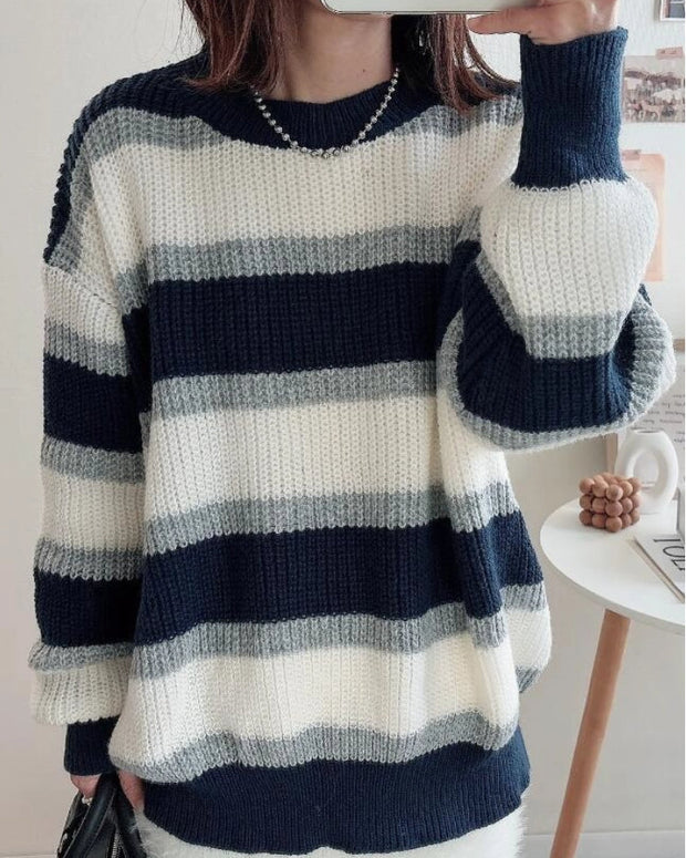 ボーダー柄 ニットセーター レディース 長袖 ゆったり シンプル ラウンドネック 体型カバー おしゃれ カジュアル 大人可愛い 秋冬 トップス ニットプルオーバー ID1764