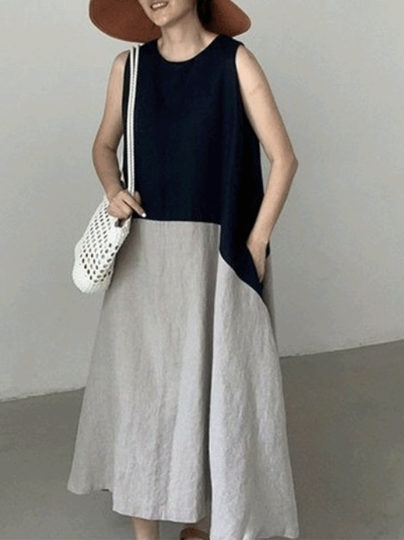 【631】クルーネック バイカラー切り替え ゆったり ロングフレアワンピース レディース ノースリーブ 綿麻素材 体型カバー 夏 カジュアル 大人可愛い