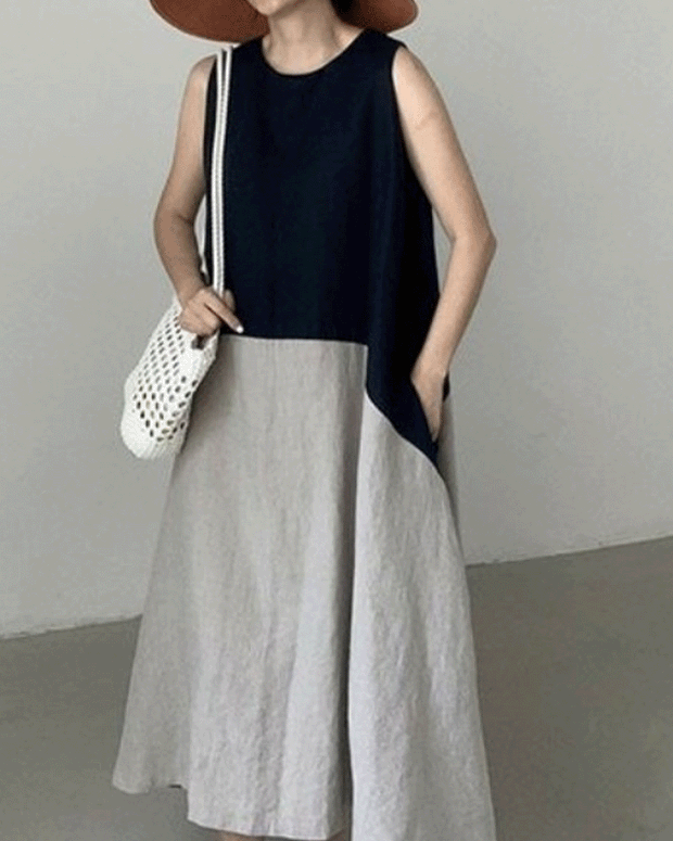 【631】クルーネック バイカラー切り替え ゆったり ロングフレアワンピース レディース ノースリーブ 綿麻素材 体型カバー 夏 カジュアル 大人可愛い