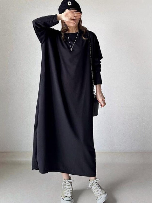 レディース ワンピース ロング 長袖 丸首 ゆったり 体型カバー シンプル カジュアル 部屋着 外出着 通勤 通学 春秋冬対応 単品着用可 ID1316