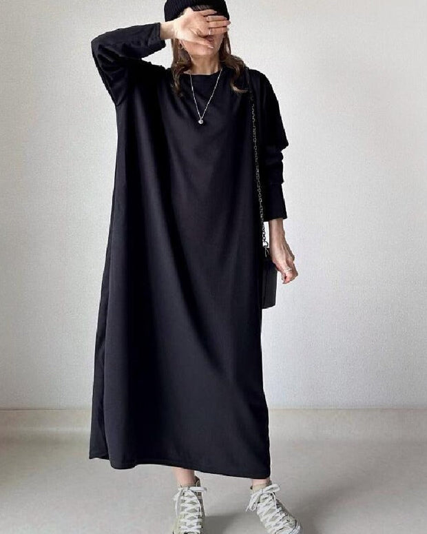 レディース ワンピース ロング 長袖 丸首 ゆったり 体型カバー シンプル カジュアル 部屋着 外出着 通勤 通学 春秋冬対応 単品着用可 ID1316