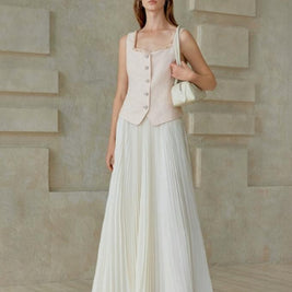 【561】シフォンプリーツロングスカート 夏新作 軽やかロング丈 上品きれいめ オフィス/お出かけ/デート 半身スカート 大人エレガント ホワイト