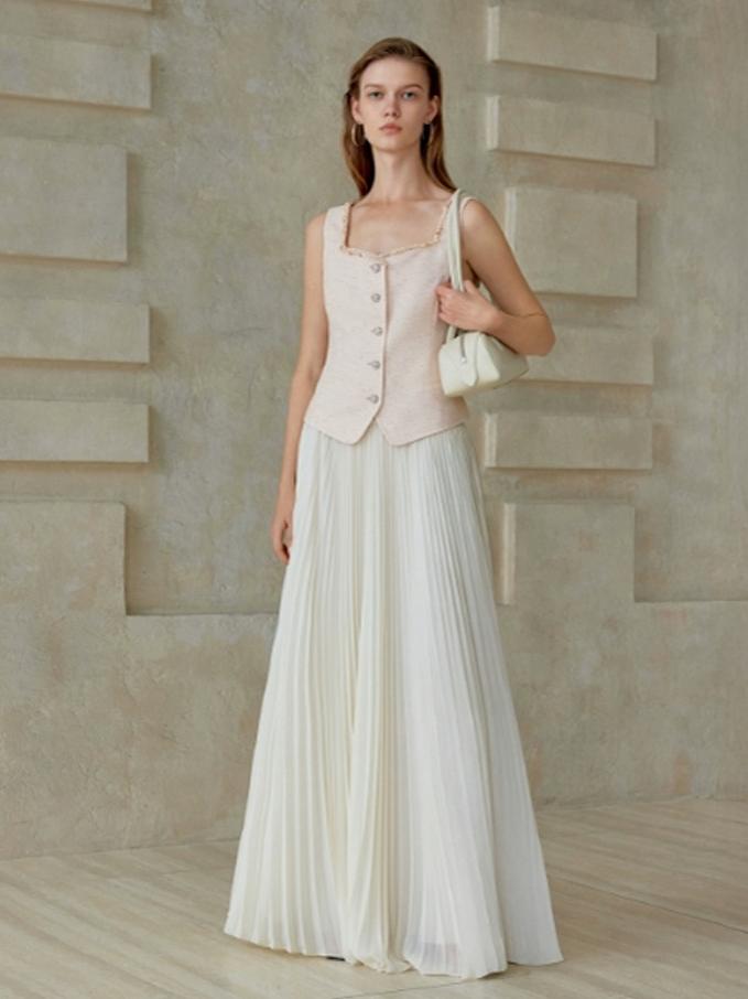 【561】シフォンプリーツロングスカート 夏新作 軽やかロング丈 上品きれいめ オフィス/お出かけ/デート 半身スカート 大人エレガント ホワイト