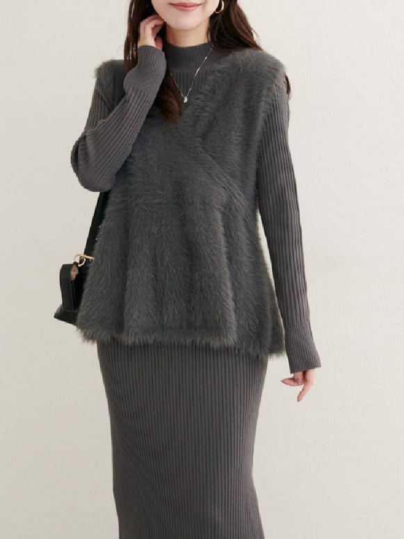 2点セット Vネック フェイクミンク ベスト + リブ ニット ワンピース レディース 長袖 セットアップ 上品 体型カバー 大人可愛い 通勤 デート 秋冬 新作 人気 ID1865