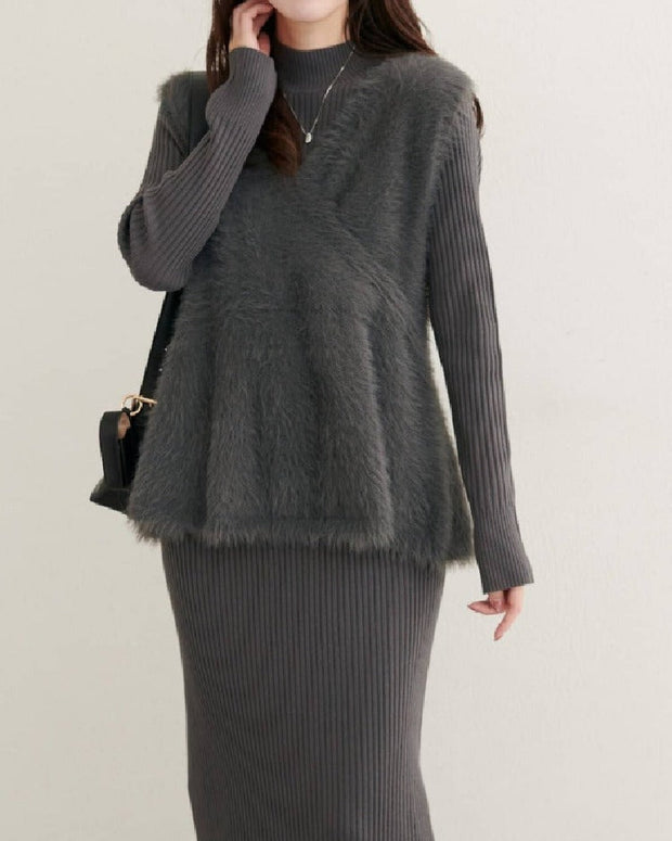 2点セット Vネック フェイクミンク ベスト + リブ ニット ワンピース レディース 長袖 セットアップ 上品 体型カバー 大人可愛い 通勤 デート 秋冬 新作 人気 ID1865