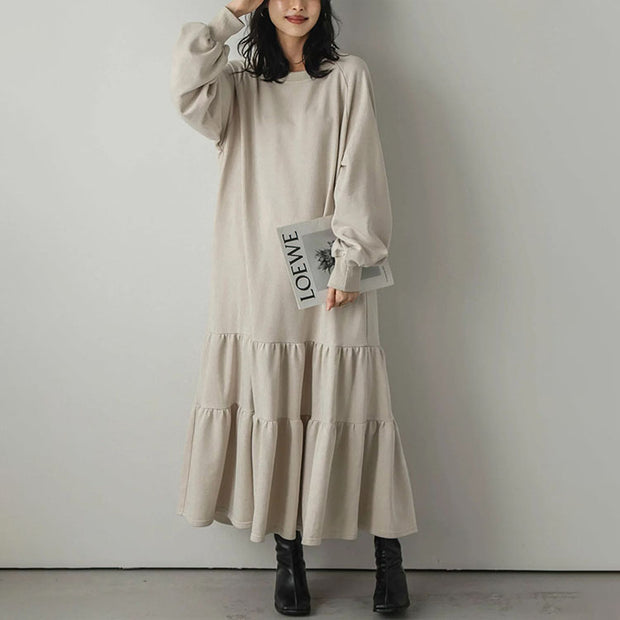 ID68 Small design, loose fit, midi length, ruffle hem, switching sweatshirt dress, long sleeves, over the knee 