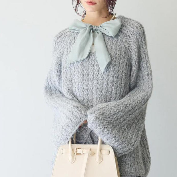 ID77 Knit Ribbon Bow Design Loose Fit Round Neck Long Sleeve Breathable Soft Comfortable Simple Elegant Casual Tops 