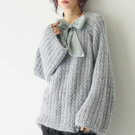 ID77 Knit Ribbon Bow Design Loose Fit Round Neck Long Sleeve Breathable Soft Comfortable Simple Elegant Casual Tops 