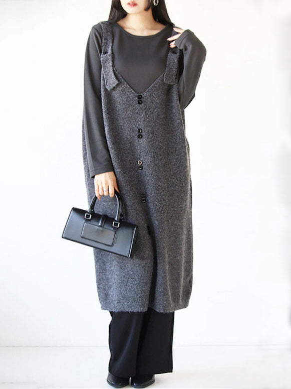 Vネック ニットジャンパースカート レディース ロング丈 ゆったり 体型カバー シンプル きれいめ 通勤 上品 レイヤードコーデ 秋冬 新作 ID2019