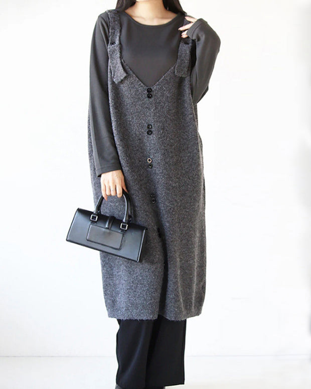 Vネック ニットジャンパースカート レディース ロング丈 ゆったり 体型カバー シンプル きれいめ 通勤 上品 レイヤードコーデ 秋冬 新作 ID2019