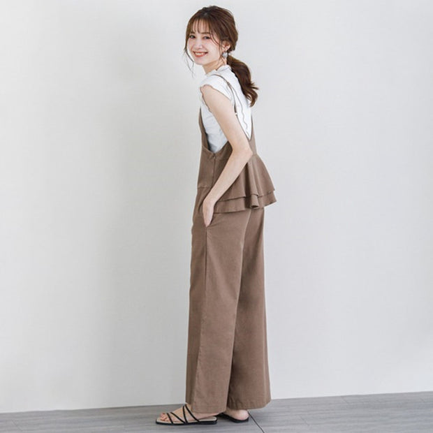 着痩せ確約！サロペット フリル切り替え×ワイドパンツ風 ゆったり体型カバー シンプルなのに大人可愛い 春夏カジュアルコーデの決定版 ID434