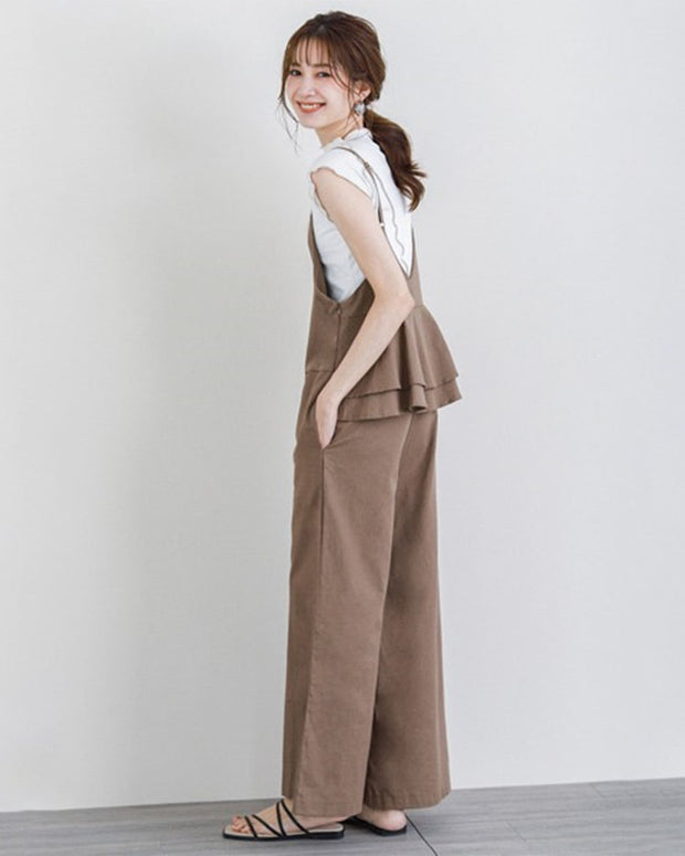 着痩せ確約！サロペット フリル切り替え×ワイドパンツ風 ゆったり体型カバー シンプルなのに大人可愛い 春夏カジュアルコーデの決定版 ID434