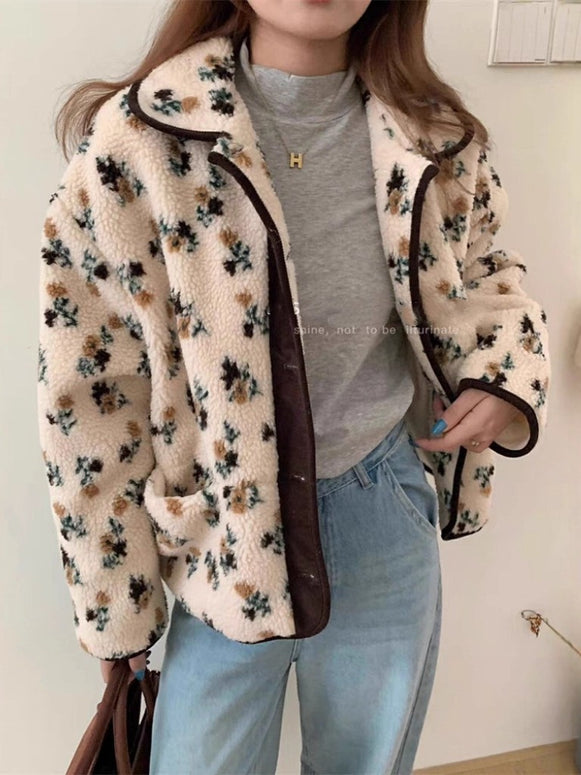 「タイムセール中！」花柄 ボア ジャケット レディース フリース アウター ゆったり 可愛い 暖かい 軽量 カジュアル 通勤 通学 秋冬 新作 ID2134