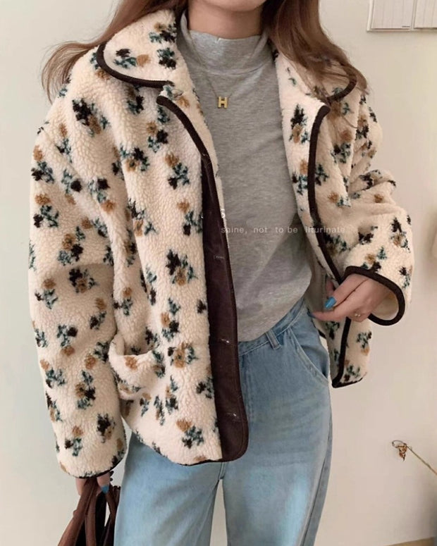「タイムセール中！」花柄 ボア ジャケット レディース フリース アウター ゆったり 可愛い 暖かい 軽量 カジュアル 通勤 通学 秋冬 新作 ID2134