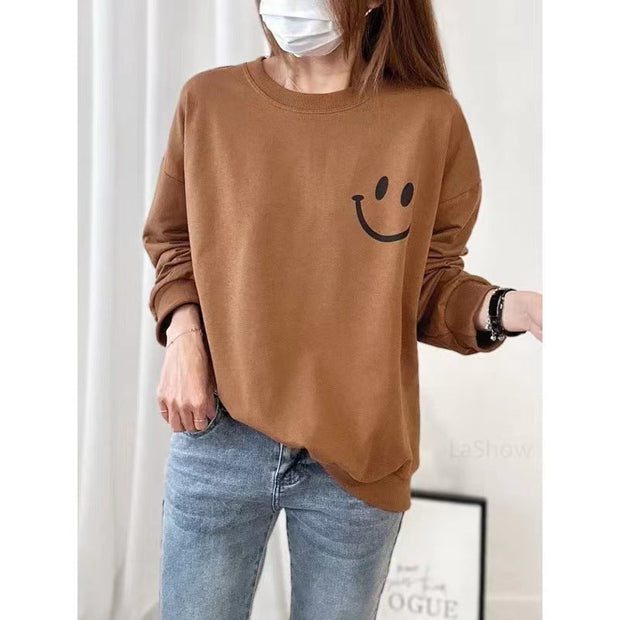 スマイル プリント スウェット レディース 長袖 トレーナー シンプル 無地 カジュアル ゆったり 体型カバー 可愛い 大人女子 通勤 通学 デート 部屋着 きれいめ おしゃれ 秋冬 人気 新作 ID1936