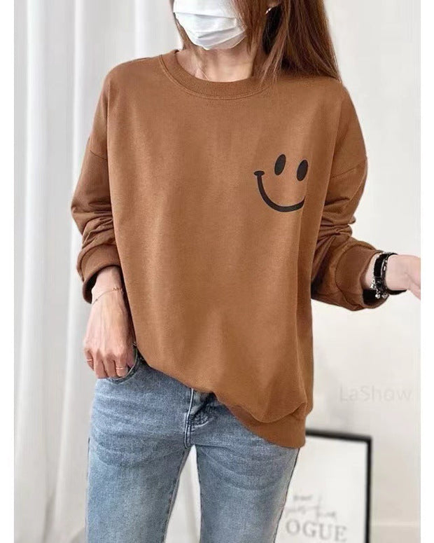 スマイル プリント スウェット レディース 長袖 トレーナー シンプル 無地 カジュアル ゆったり 体型カバー 可愛い 大人女子 通勤 通学 デート 部屋着 きれいめ おしゃれ 秋冬 人気 新作 ID1936
