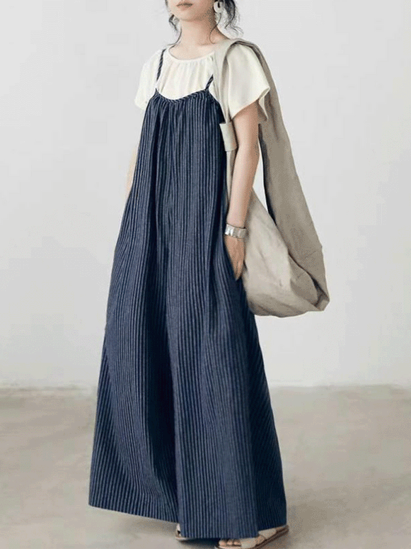 【467】ストライプ サロペット レディース ワイドパンツ オールインワン 夏 ゆったり 体型カバー カジュアル 楽ちん 大人可愛い 2025新作