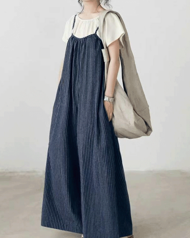 【467】ストライプ サロペット レディース ワイドパンツ オールインワン 夏 ゆったり 体型カバー カジュアル 楽ちん 大人可愛い 2025新作