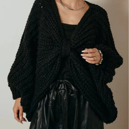 2WAY リボン モチーフ 畦編み ニット ポンチョ ケープ レディース フロントデザイン ゆったり 体型カバー おしゃれ 秋冬 新作 トップス ID2089