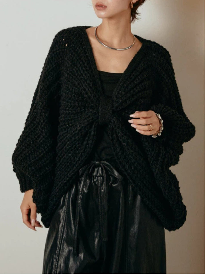 2WAY リボン モチーフ 畦編み ニット ポンチョ ケープ レディース フロントデザイン ゆったり 体型カバー おしゃれ 秋冬 新作 トップス ID2089