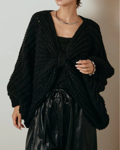 2WAY リボン モチーフ 畦編み ニット ポンチョ ケープ レディース フロントデザイン ゆったり 体型カバー おしゃれ 秋冬 新作 トップス ID2089