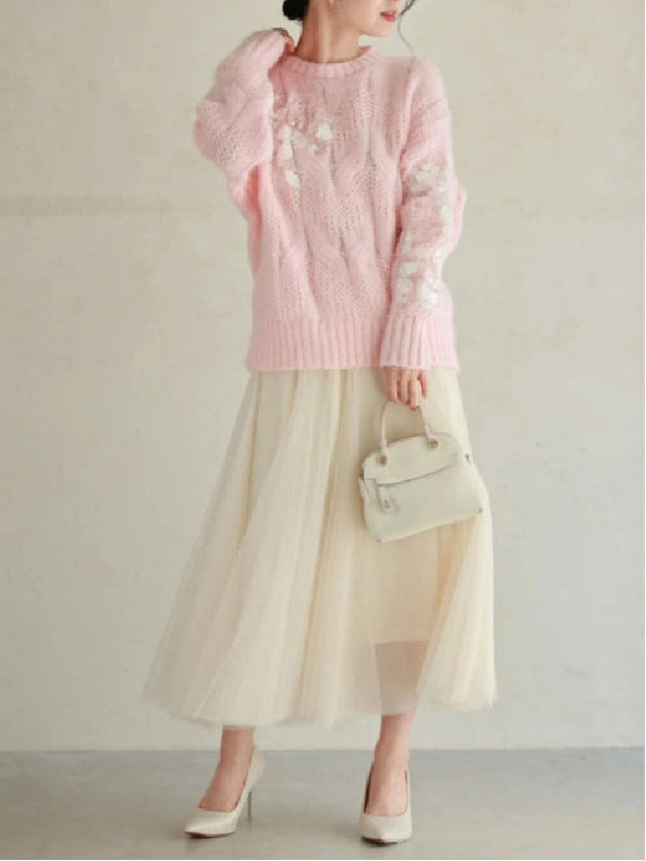 【単品販売可】2点セット ニット セーター + チュールスカート レディース 上下セット ふんわり かわいい ガーリー スウィート 秋冬新作 大人フェミニン コーデ ID1828