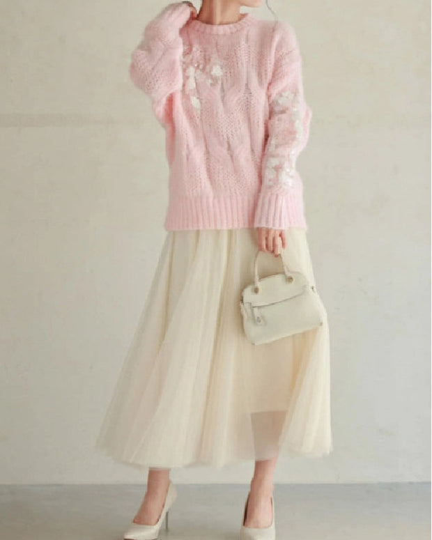 【単品販売可】2点セット ニット セーター + チュールスカート レディース 上下セット ふんわり かわいい ガーリー スウィート 秋冬新作 大人フェミニン コーデ ID1828
