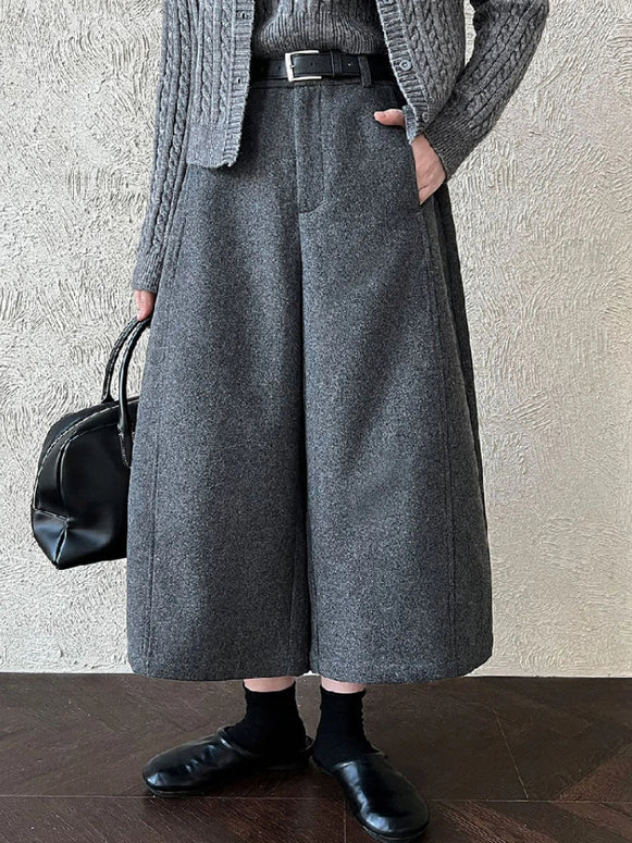 ウール タッチ ワイドパンツ レディース 九分丈 体型カバー きれいめ 上品 レイヤード風 ボトムス 秋冬 新作 ID2303
