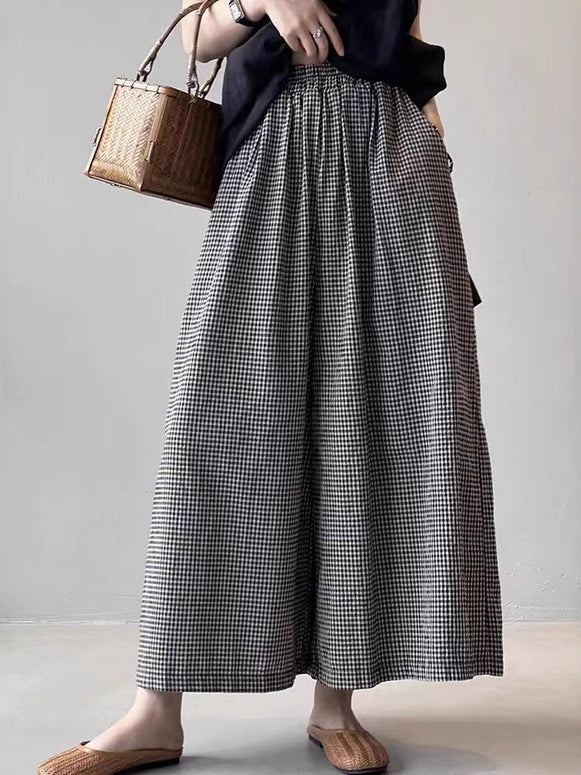 ギンガムチェック 綿麻 ワイドパンツ レディース ウエストゴム ゆったり ロング丈 体型カバー 薄手 カジュアル 夏パンツ 涼しい ID1022