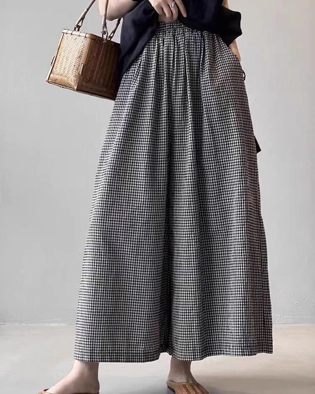 ギンガムチェック 綿麻 ワイドパンツ レディース ウエストゴム ゆったり ロング丈 体型カバー 薄手 カジュアル 夏パンツ 涼しい ID1022