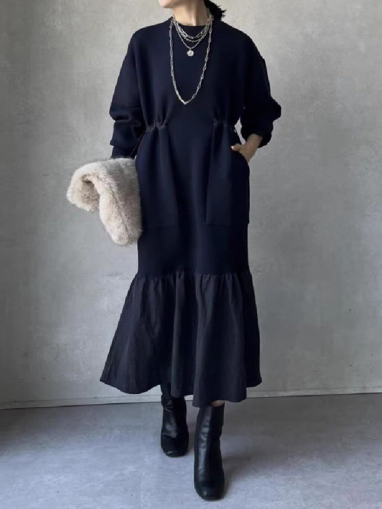 「今年最後の大チャンス」レイヤード風 ワンピース ゆったり シンプル 体型カバー 異素材切り替え ロング丈 大人カジュアル 秋冬 レディース ワンピース ID2245