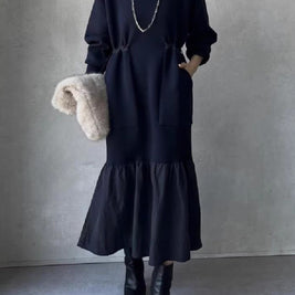 「今年最後の大チャンス」レイヤード風 ワンピース ゆったり シンプル 体型カバー 異素材切り替え ロング丈 大人カジュアル 秋冬 レディース ワンピース ID2245