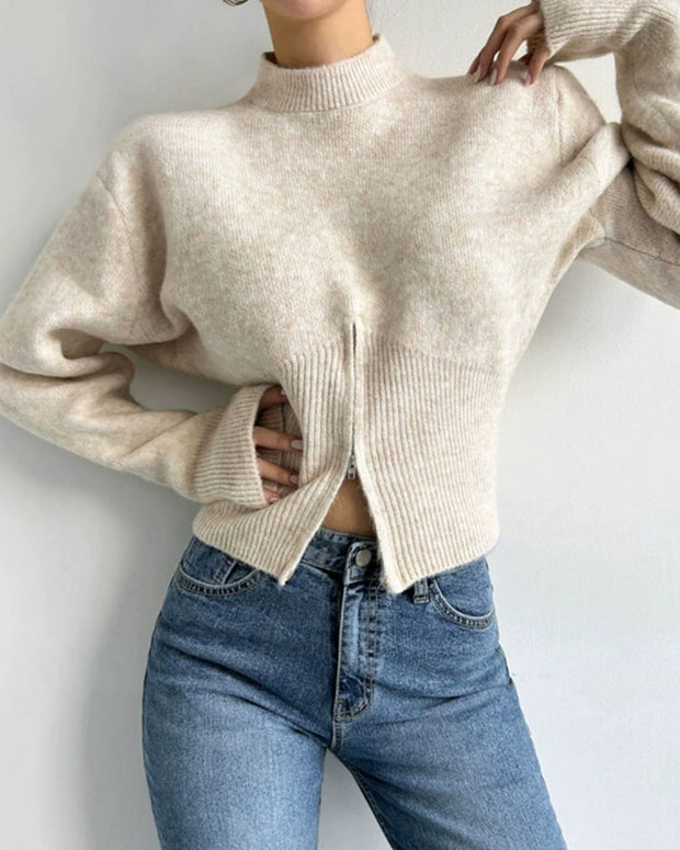 ニット セーター レディース 下裾ジッパー スリットデザイン おしゃれ 体型カバー 秋冬 トップス 長袖 シンプル カジュアル デイリー 通勤 通学 コーデしやすい ID2214