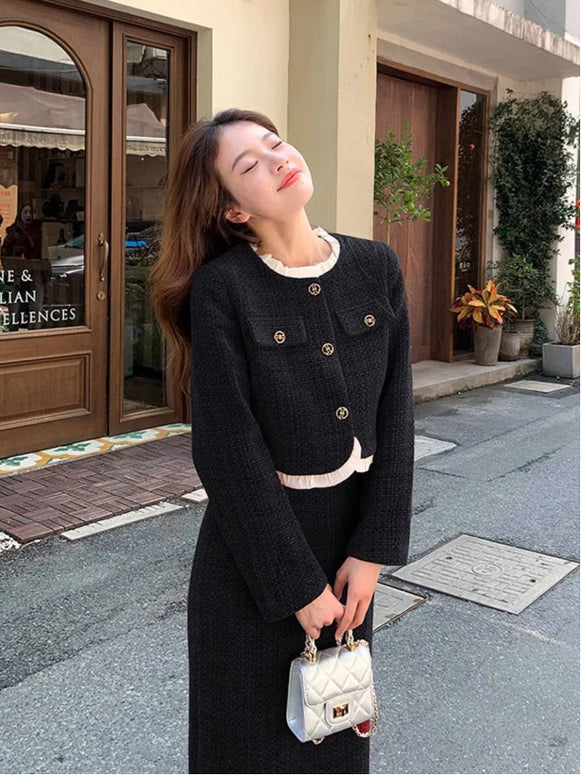 ツイード ジャケット＋タイトスカート セットアップ レディース 上下セット 長袖 ショート丈 きれいめ エレガント 通勤 オフィス 大人可愛い シンプル 無地 おしゃれ 秋冬 人気 新作 ID1949