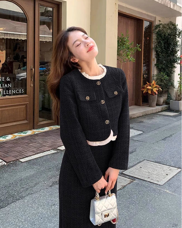 ツイード ジャケット＋タイトスカート セットアップ レディース 上下セット 長袖 ショート丈 きれいめ エレガント 通勤 オフィス 大人可愛い シンプル 無地 おしゃれ 秋冬 人気 新作 ID1949
