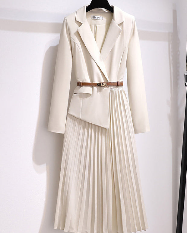 Vネック スーツワンピース レディース 長袖 プリーツスカート ベルト付き 上品 エレガント 通勤 入園式 入学式 卒業式 結婚式 フォーマル お呼ばれ 二次会 春秋 ID1437