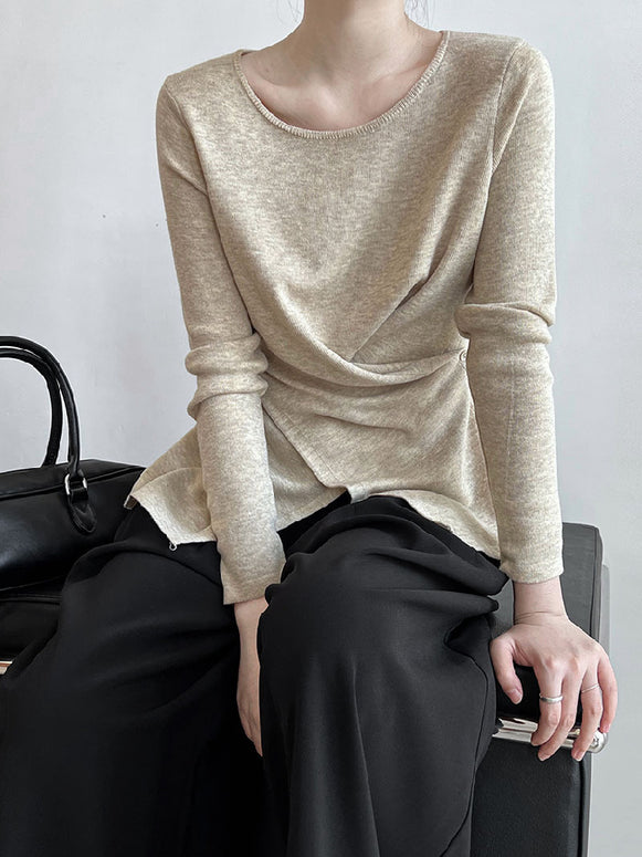 ウール ニット アシンメトリー デザイン カットソー レディース 長袖 トップス きれいめ 大人シンプル 体型カバー 上品 おしゃれ 通勤コーデ ID2299
