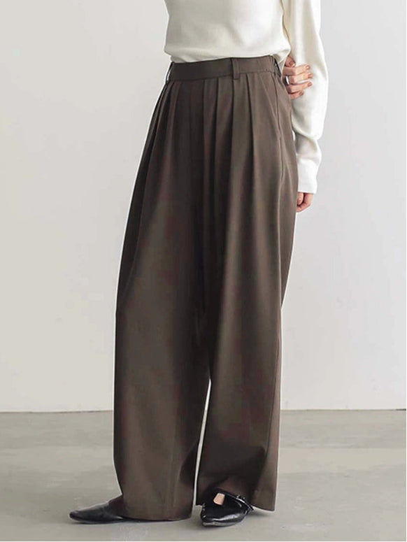 ワイドパンツ レディース ハイウエスト プリーツ入り ロング丈 ゆったり シンプル カジュアル 体型カバー 楽ちんパンツ 6色展開 通勤 OL 大人女子 春 夏 秋 ID1551