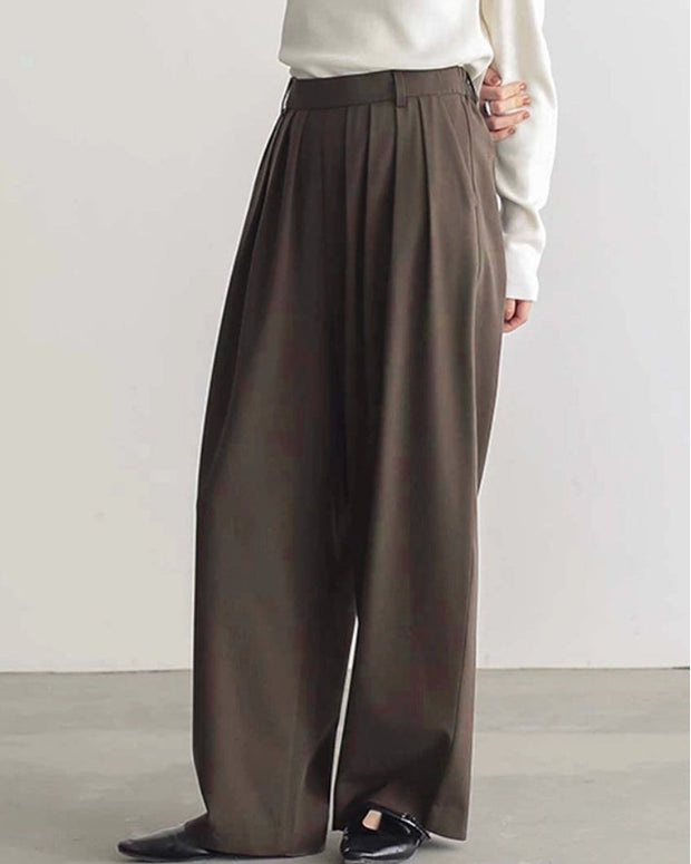 ワイドパンツ レディース ハイウエスト プリーツ入り ロング丈 ゆったり シンプル カジュアル 体型カバー 楽ちんパンツ 6色展開 通勤 OL 大人女子 春 夏 秋 ID1551