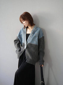 異素材切り替え デニム カーディガン レディース ニット×デニム ジャケット風 ゆったり ショート丈 Vネック 長袖 おしゃれ カジュアル 体型カバー 秋冬 人気 新作 ID1858