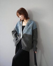 異素材切り替え デニム カーディガン レディース ニット×デニム ジャケット風 ゆったり ショート丈 Vネック 長袖 おしゃれ カジュアル 体型カバー 秋冬 人気 新作 ID1858
